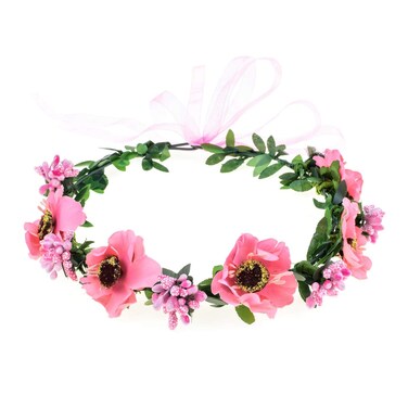 June Bloomy Rose Floral Crown Wreath Girls Flower Headband BOHO Garland Halo Headpiece (Daisy Pink)
