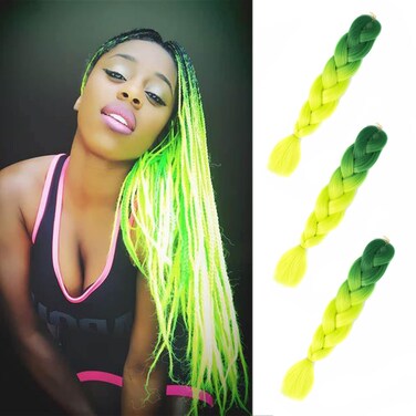 Braiding Hair Ombre Green 2 Tone Color High Temperature Synthetic Hair Jumbo Braiding Hair Extensions for Twist Braids Crochet Hair (Green-Fluorescent Green 24" 3PCS)
