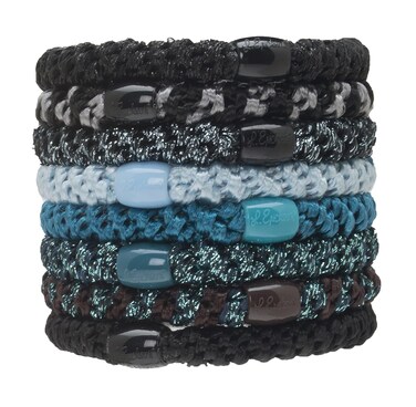 L. Erickson Grab &amp; Go Pony - Blue Tide - 8 Pack Ponytail Holder Hair Ties - Mixed Teal and Black