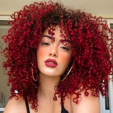 Xinran Omber Red Kinky Curly Wig Afro with Bangs，red and black Afro 70s Wigs for Women，Afro Synthetic Full Wigs Soft and Fluffy Like a Bomb 14 Inches Short Curly Hair