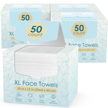 200 Count (4 Box) XL Disposable Face Towels 10&rdquo; x 12&rdquo;, 100% Viscose Fibre, Soft &amp; Skin Friendly Face Towelettes Disposable, Facial Tissue Wipes for Women Cleansing