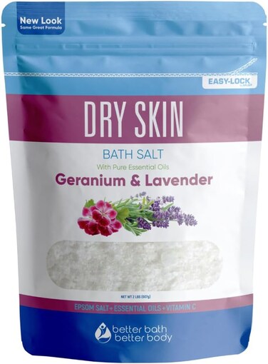 Dry Skin Bath Salt 32 Ounces (2 Lbs) Epsom Salt with Natural Geranium and Lavender Essential Oils Plus Vitamin C in BPA Free Pouch with Easy Press Lock Seal Made in USA