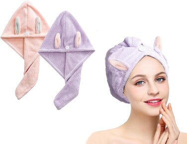 Hair Towel Wrap,(Pink+Purple) Rabbit Ears Turban 2 Pack,Microfibre Hair Towel, Super Absorbent,Hair Drying Towel with Button, Dry Hair Hat, Wrapped Bath Cap