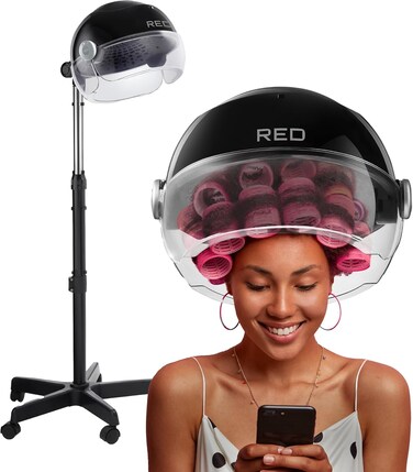 RED by Kiss 3000 Ceramic Stand Hood Dryer with Digital Timer, Adjustable Height, 360&deg; Wheels, 3 Temp Settings, Quick Drying, Comfortable Hood, Ideal for Home &amp; Salon Use