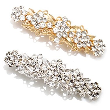 Clear Fancy Rhinestone Crystal Hair Barrette Clip Hair Pin (Pack 2, Silver &amp; Gold Tone_C)