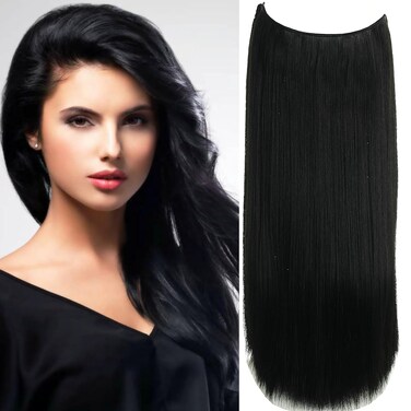 Invisible Wire Real Human Hair Extensions Transparent Wire Adjustable Size 4 Secure Clips Long Straight Secret Hairpiece 18 Inch Black for Women