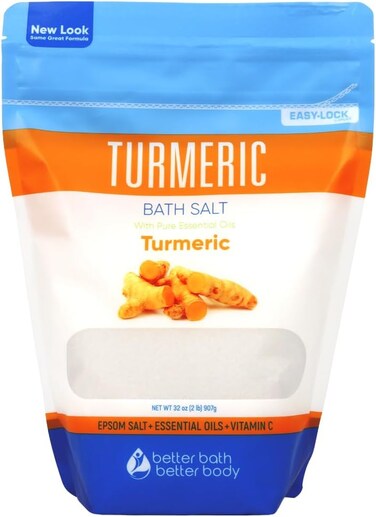 Turmeric Bath Salt 32 Oz Epsom Salt with Essential Oils Turmeric, Cinnamon, Orange Plus Vitamin C in BPA-Free Pouch with Easy Press-Lock Zipper   Natural Bath Soak to Relieve &amp; Soothe   Made in USA