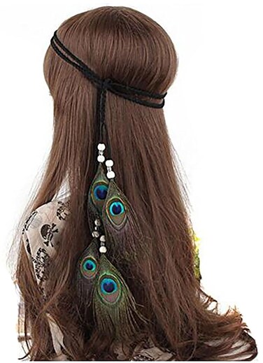 Fodattm Women Lady Hippie Peacock Feather Headband Headwear Bohemian Tassels Hairband Hair Hoop Handmade Indian Headband Fascinator Hair Bands Headdress Hair Accessories