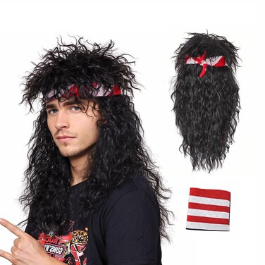 80s Wig with Bandana for Men Long Curly Black Rocker cosplay wig for Halloween