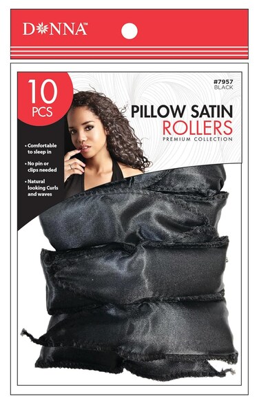 DONNA Satin Pillow Rollers Large 10pcs Foam Rollers for Heatless Hairdressing and Styling with Hair Clips - BLACK