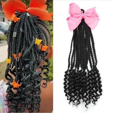 2Packs Kid Ponytail Braid Hair Extensions With Curly Ends Protective Hairstyle For Kids Adorable Gifts For Girls Detachable Hairpiece With Bow (Pink Bow, Box-12inch)