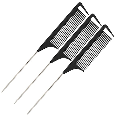 Yumflan Rat Tail Combs, 3Pcs Parting Combs for Braiding Hair with Stainless Steel Pintail for Sectioning, Parting and Styling (Black)