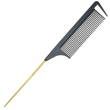 9.3'' Rat Tail Comb for Hair Stylist, Parting Comb for Braiding hair, Rattail Comb with Metal Stainless Steel Pintail for Sectioning, Teasing and Styling (Black &amp; Gold)