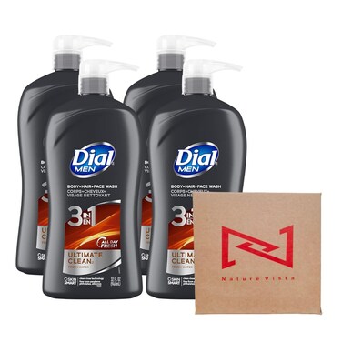 Nature Vista Ultimate 3 in 1 Men's Body, Dial_s Hair and Face Wash 32 Fl Oz (Pack of 4), Efficient Men's Care Face Wash in Box.