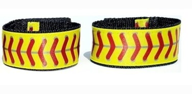 Fastpitch Softball Sleeve Scrunchies yellow with red stitching (Pair) Softball sleeve holders. sleeve straps. From the ORIGINAL USA inventor, over 8 million sold