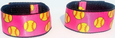 Fastpitch Softball Sleeve Scrunchies Pink with Yellow softballs, Sleeve Holders, sleeve straps From the original USA Inventor, over 8 million sold