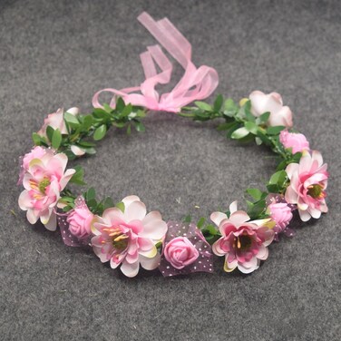 Bridal Flower Garland Headband Flower Crown Hair Wreath Halo Adjustable Ribbon Wedding Festivals Photography Pink