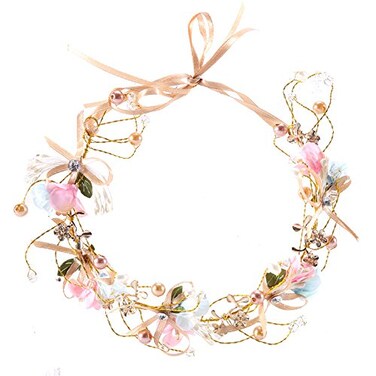Handmade Bridal Flower Garland Bow Headband Bridesmaid Children Crown Hair Wreath Halo Adjustable Ribbon Wedding Festivals Party Cosplay