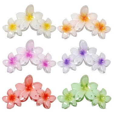 6 Pcs Big Flower Hair Claw Clips, 3Head Frangipani Flower Gradient Color Large Hair Clips, Beach Vacation Strong Hold Jaw Hairpin for Women Girls Hair Accessories (6 PCS Big)