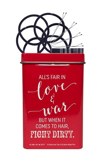 Cricket Hair Clip - Love and War Hair Tin with 25 Hair Ties &amp; 30 Bobby Pins in Reusable Metal Tin for Home, On the Go, Salon, Barbershops, Red, 55 PC