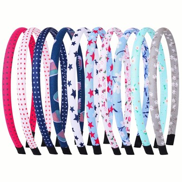 Fishdown Headband for Women Girls Headbands Plain for Kids Flower Polka Dots Heart Fabric Covered Thin Hairbands for Kids(Assorted 10pcs per Pack) (New Floral Style)