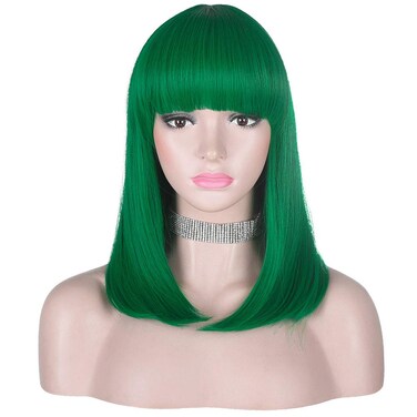 15 Inch Short Straight Green Bob Wig with Bangs   Natural Heat Resistant Synthetic Hair for Women
