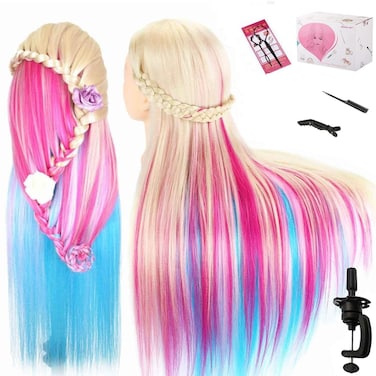 Beauty Star 29" Colorful Mannequin Head with 100% Syntheic Hair, Doll Head for Hair Styling and Braiding Practice, Professional Bride Cosmetology Training Manikin Head with Clamp Stand Updo Kit