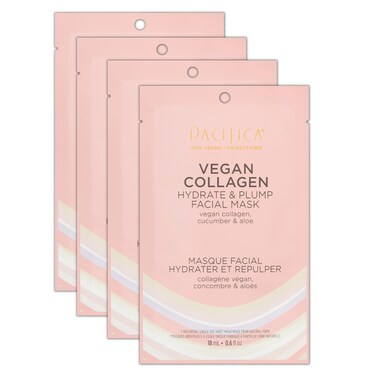 Pacifica Beauty Vegan Collagen Hydrate and Plump Facial Mask, Skincare, Sheet Mask, Cucumber, Aloe, Moisturizing, Hydrating, Face Care, Collagen Face Mask, For Dry Skin and Aging Skin (4 Sheets)