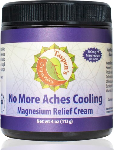 Taspen's Organics Magnesium No More Aches Cooling Cream - Muscle Relief- Sore Muscles &amp; Post-Workout Recovery - Natural Comfort for Tension &amp; Cramps - Made in USA (4 oz)