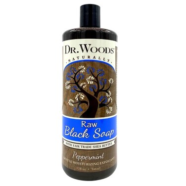 Dr. Woods Raw African Liquid Peppermint Black Soap - Body Wash for Men and Women, Contains Peppermint Oil and Organic Shea Butter, Gentle Exfoliant, Natural Cleanser for Face, Hands, Body - 32 Fl Oz