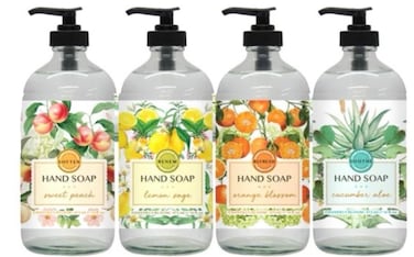 Home and Body Company   Chantilly Bloom   4 x16 fl oz   Hand Soap Set   Fragrances: Sweet Peach, Lemon Sage, Orange Blossom, Cucumber Aloe   Hand Wash Ultra Moisturizing Formula in Glass Bottles