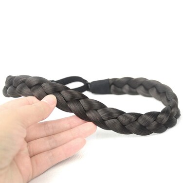 3 Strands Synthetic Hair Braided Headband Wide Plaited Braids Elastic Stretch Braid Headbands for Women Girl (Dark Brown)