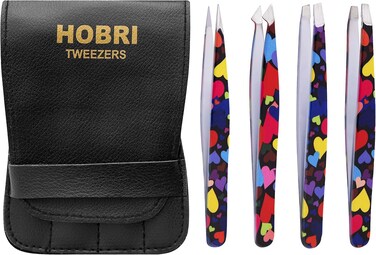 Tweezers Set, Eyebrows Tweezers Set Professional Stainless Steel Tweezers Set - 4 Pieces with Leatherette Travel Case Perfect for Facial Hair, Beauty and Personal Care Tool (Heart Style)