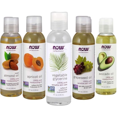 New Now Foods Solutions 5 Pack - Carrier Oil Gift Set: Almond Oil - Grapeseed Oil - Avocado Oil - Apricot Oil - Vegetable Glycerine Oil 100% Natural Moisturizing Massage 4 Oz