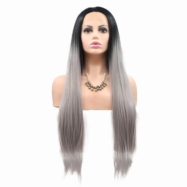 24Inches Ombre Black Grey Synthetic Lace Front Wigs for Women 1B Ombre Silver Grey Hair Wigs Long Straight Women Daily Use Wigs Middle Part Best Affordable Wig