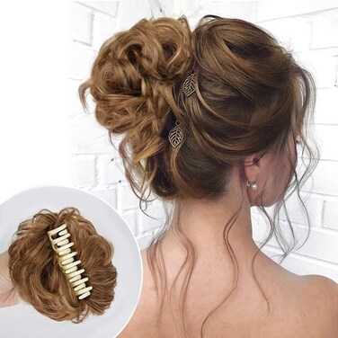 Claw Clip for Messy Curly Hair - Bun, Ponytail &amp; Hair Pieces - Synthetic Extensions (Light Brown)