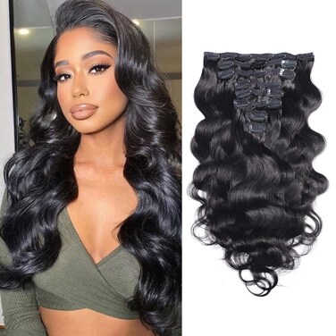 Wavy Clip ins Hair Extensions Human Hair, 18" Natural Black Body Wave Clip in Remy Human Hair Extensions for Women