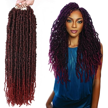 9packs/lot Faux Locs Crochet Hair 20inch Red Curly Soft Distressed Locs Wavy Crochet Braids Dreadlocks Burgundy Synthetic Goddess Faux Locs Braiding Hair Extensions (20 Inch (pack of 9), T1B/bug)