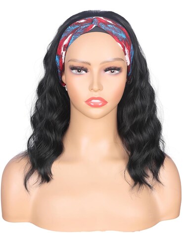 Black Wavy Headband Wig For Black Women Curly Half Wigs With Headband Attached Synthetic Wrap Wigs Turban Wigs For Women(Black)