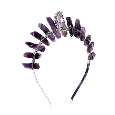 Bubbmi Women Amethyst Crystal Crown Headband Raw Quartz Tiara Moon Goddess Headpiece for Festival Bachelore tte Party Photography
