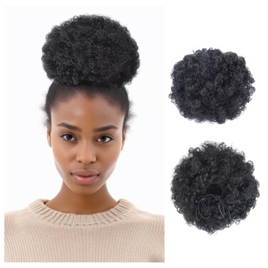 Afro Puff Drawstring Ponytail Extension Short Synthetic Afro Kinky Curly Puff Ponytail for Natural Hair Clip On Kinky Drawstring Curly Ponytail Bun Hairpieces (Large,1B#)
