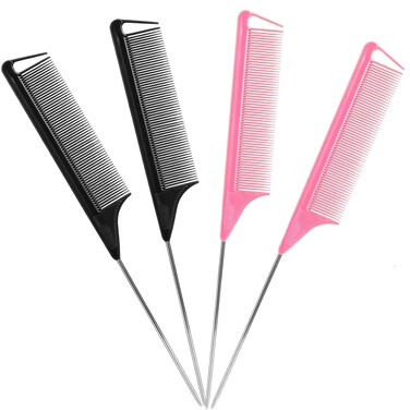 Rat Tail Comb，Parting Comb, Metal Long Steel Pin Rat Tail Combs set，Combs for Hair Stylist，Hair Combs for Women（4Packs,Black，Pink）