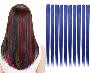 10Pcs/set Multi-Colors Straight Highlight Clip in Hair Extensions 20 Inch Colored Party Hair Pieces (Blue)