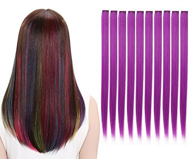10Pcs/set Multi-Colors Straight Highlight Clip in Hair Extensions 20 Inch Colored Party Hair Pieces (Purple)