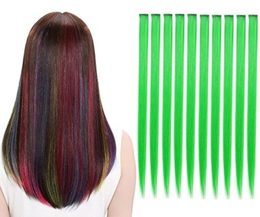 10Pcs/set Multi-Colors Straight Highlight Clip in Hair Extensions 20 Inch Colored Party Hair Pieces (Green)