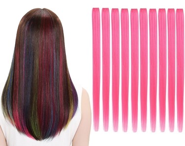 10Pcs/set Multi-Colors Straight Highlight Clip in Hair Extensions 20 Inch Colored Party Hair Pieces (Pink)