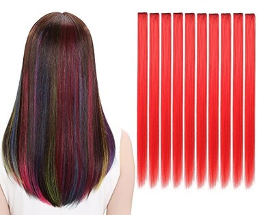 10Pcs/set Multi-Colors Straight Highlight Clip in Hair Extensions 20 Inch Colored Party Hair Pieces (Red)