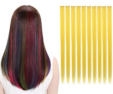 10Pcs/set Multi-Colors Straight Highlight Clip in Hair Extensions 20 Inch Colored Party Hair Pieces (Yellow)
