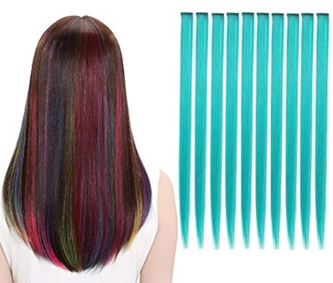 10Pcs/set Multi-Colors Straight Highlight Clip in Hair Extensions 20 Inch Colored Party Hair Pieces (Teal)