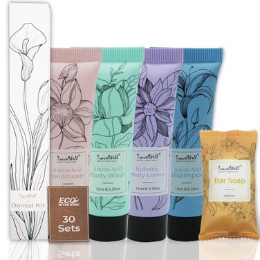 Travel Well Travel Size Toiletries Bulk Set - AirBnB Essentials for Guests - 180 Items (30 pieces each of Mini Shampoo, Conditioner, Soap Bars, Lotion, Body Wash, Dental Kit)